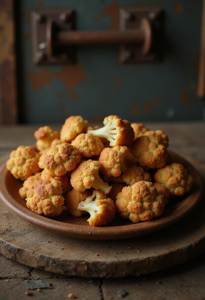 The Last of Us Clicker Cauliflower Bites served on a rustic plate in a post-apocalyptic themed setting