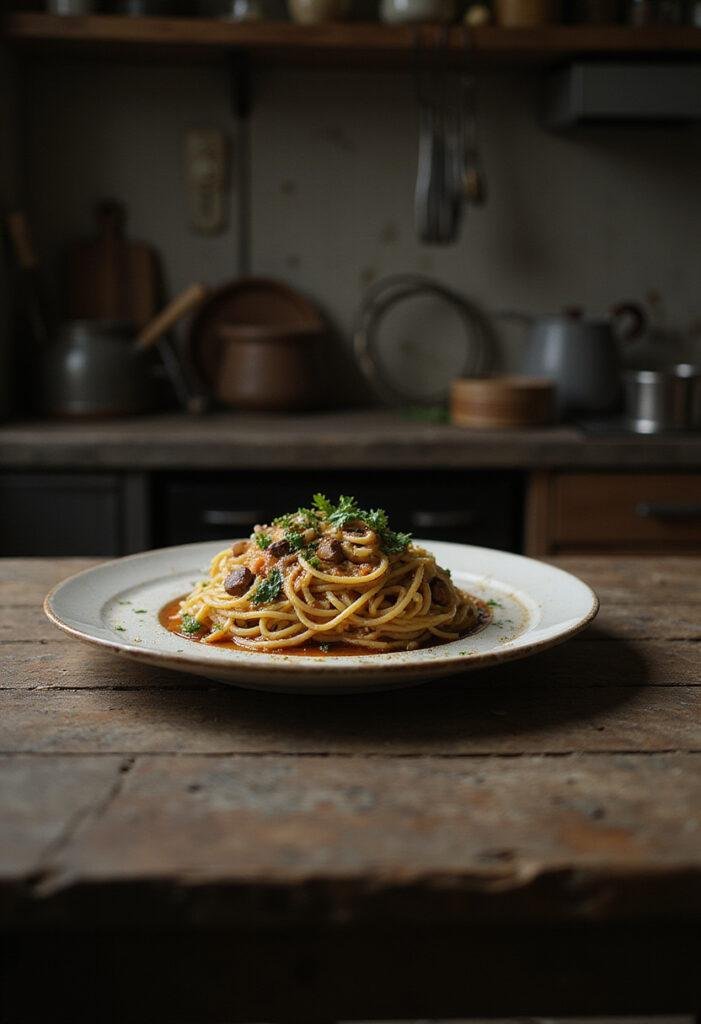 Cordyceps Mushroom Pasta in a rustic kitchen inspired by The Last of Us, featuring fresh herbs and a savory sauce on a wooden table.