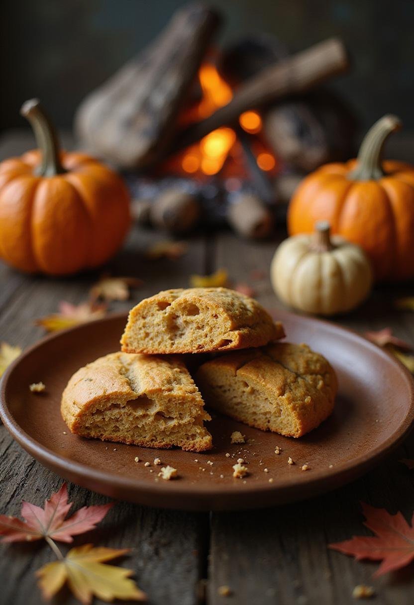 The Last of Us Ellie's Pun-kin Spice Scones placed on a rustic plate with autumn leaves in the background, themed around cozy fall camping.