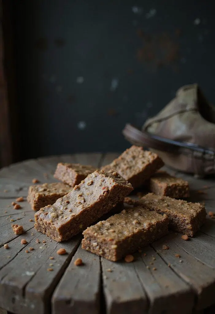The Last of Us Endure and Survive Energy Bars displayed on a wooden table in a post-apocalyptic themed setting, highlighting survival snacks.