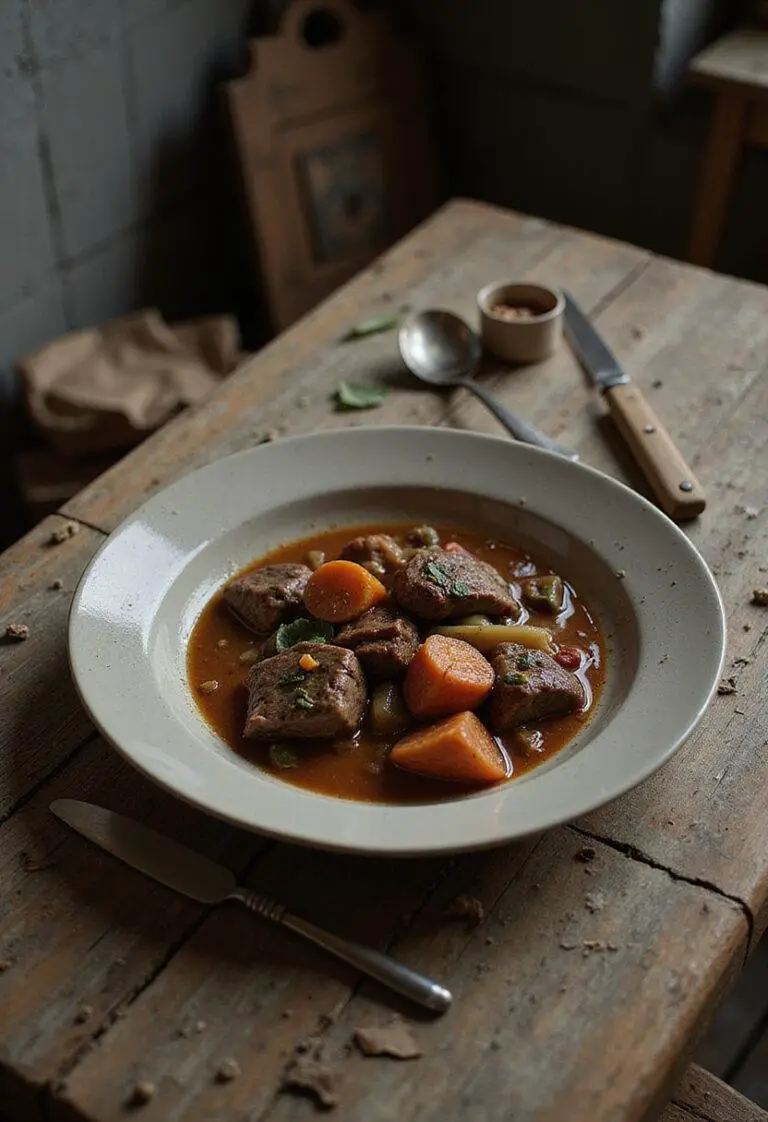 The Last of Us FEDRA Ration Cans beef stew served in a survival-themed setting with rustic elements, evoking a post-apocalyptic atmosphere.