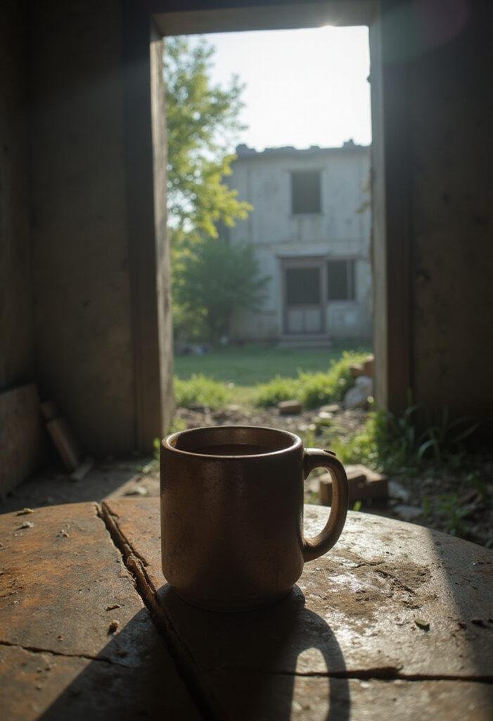 The Last of Us Joel's Survivor's Coffee - realistic post-apocalyptic scene with a rustic coffee mug on a worn wooden table, nature reclaiming the background.