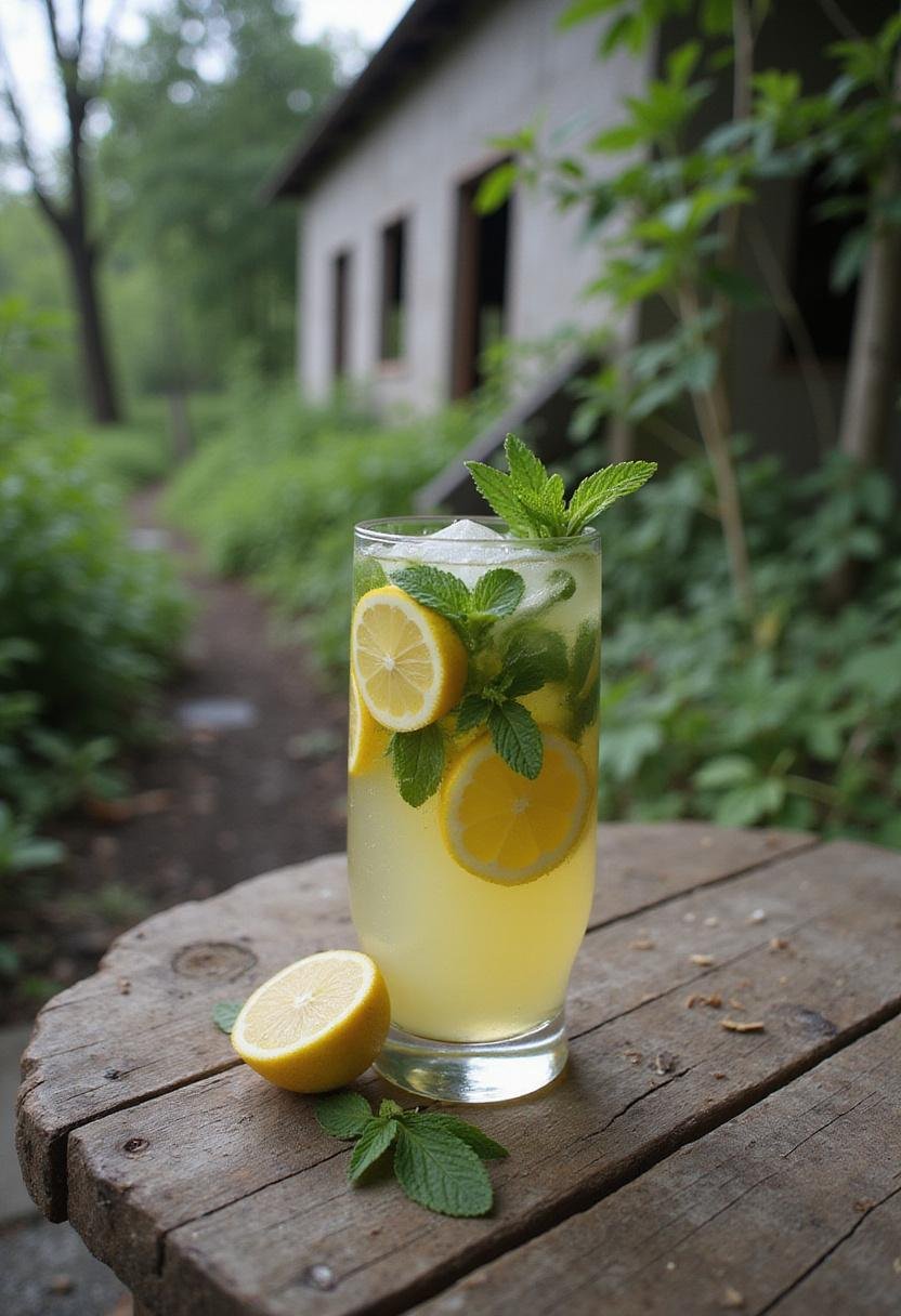 The Last of Us Look for the Light Lemonade served in a glass with lemons and mint in a post-apocalyptic themed setting