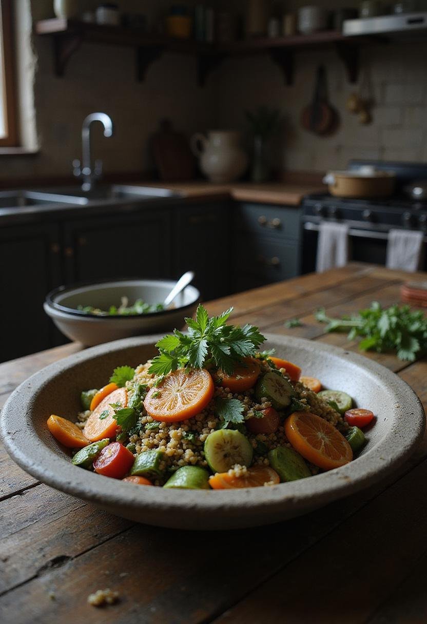 The Last of Us Quarantine Zone Quinoa Salad served on a rustic table in a post-apocalyptic kitchen, featuring vibrant vegetables and fresh herbs.