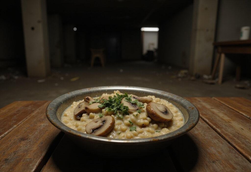 Mushroom risotto inspired by The Last of Us, served in a rustic setting with a post-apocalyptic feel, highlighting the creamy texture and fresh mushrooms.