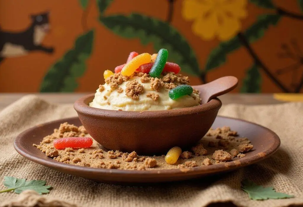 The Lion King's Grub Gummy Worms in Dirt Pudding dessert with gummy worms and crumbled dirt in a savannah-inspired setting