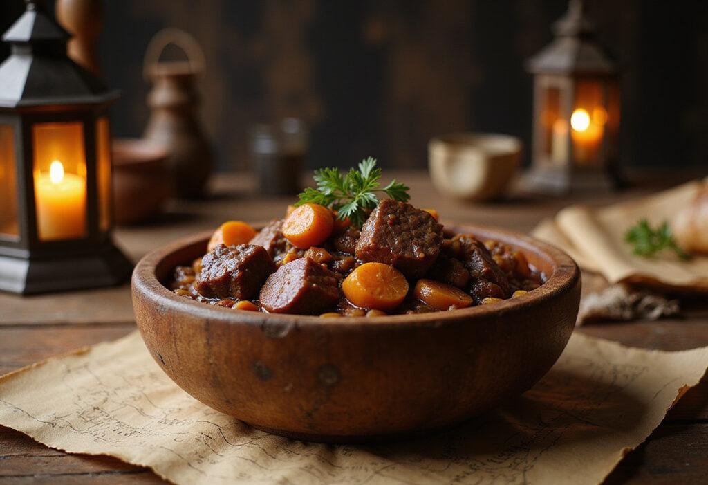 The Lord of the Rings Balin's Spiced Beef dish plated in a dwarven-inspired setting, showcasing slow cooker spiced beef in a medieval-themed environment.