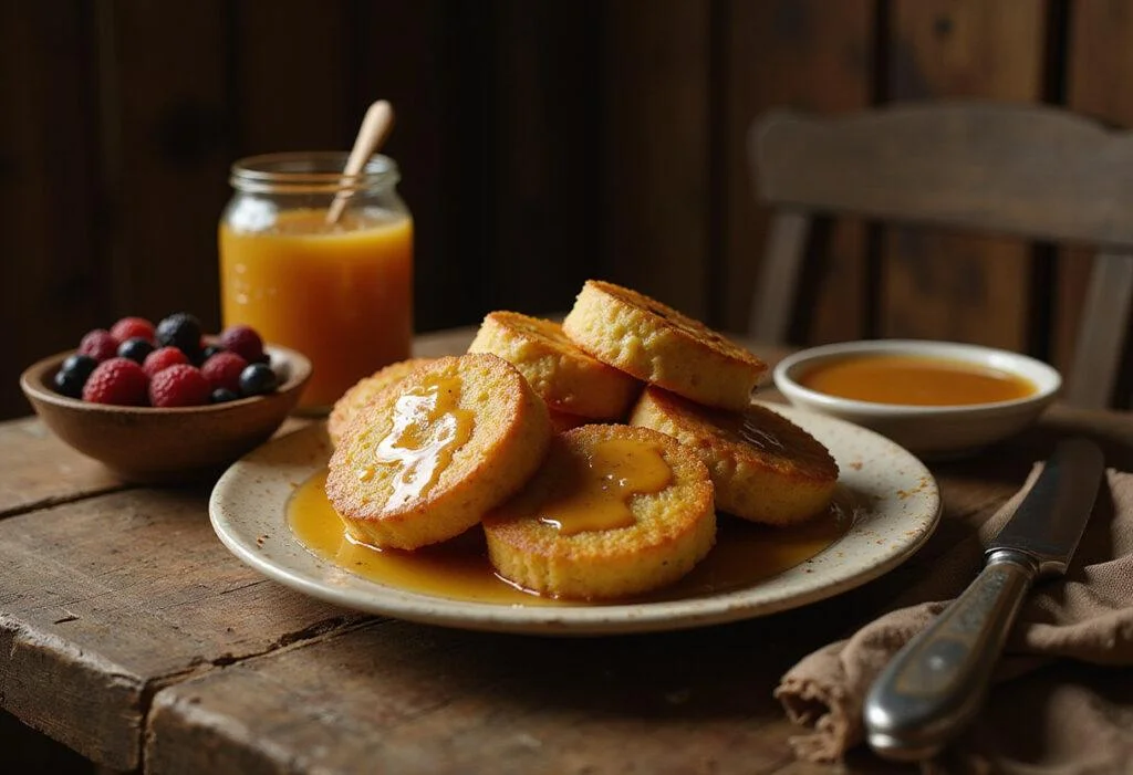 Beorn's Honey Cakes from Lord of the Rings, plated on a rustic table with honey and berries, in a cozy forest setting.