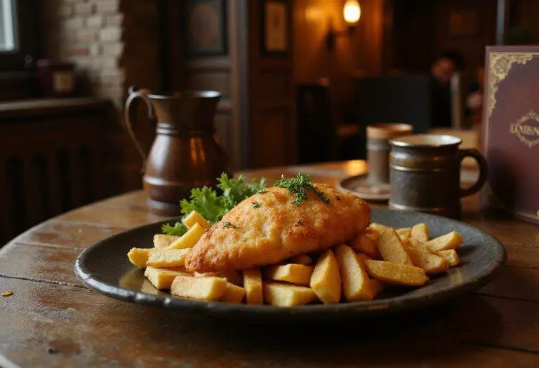Gollum's Fish and Chips plated in a medieval tavern setting, inspired by Lord of the Rings, featuring crispy fried fish and rustic chips.