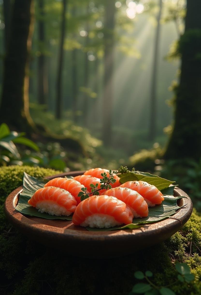 Gollum's Raw Fish Sushi served on a wooden platter in a mystical Middle-earth forest, inspired by The Lord of the Rings.