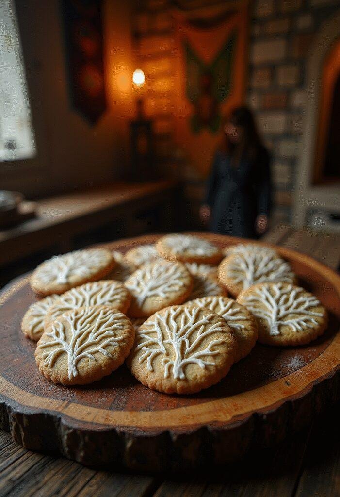 Gondor White Tree Cookies from The Lord of the Rings on a rustic platter in a medieval-inspired kitchen