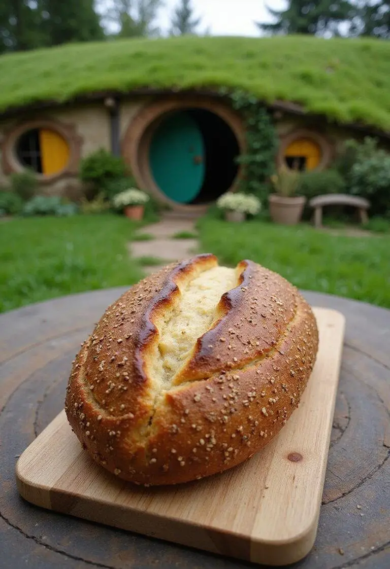The Lord of the Rings Hobbiton Seed Loaf bread on a wooden board in a Hobbit-inspired village setting with greenery and hobbit holes.