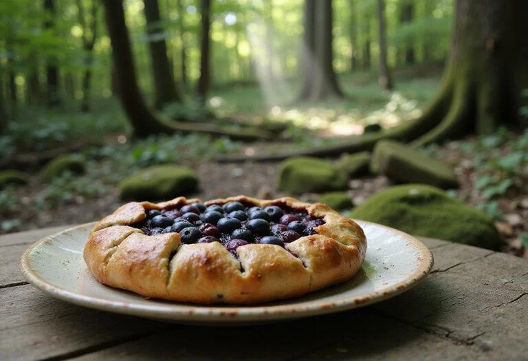 The Lord of the Rings Mirrormere Blueberry Galette served on a rustic table in a magical forest setting, combining elven food elegance with fresh blueberries.