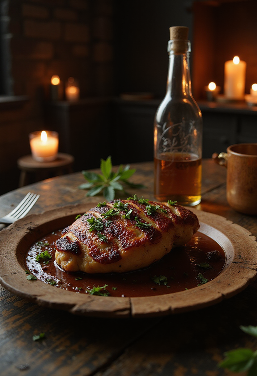 The Lord of the Rings Mordor Blackened Chicken plated on a rustic wooden plate in a medieval-inspired setting, capturing the dark, fiery theme of Mordor.