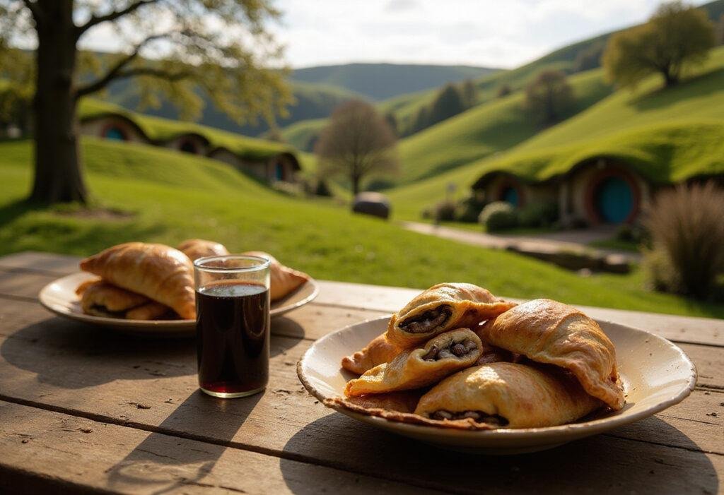 Delicious mushroom turnovers on a rustic wooden table in Hobbiton, capturing the essence of Lord of the Rings-inspired Hobbit food scene.