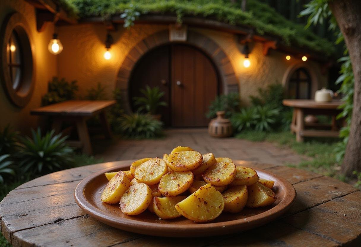 The Lord of the Rings Po-tay-toes (Samwise Gamgee's roasted potatoes) plated on a rustic table in a Hobbit hole setting, showcasing delicious roasted potatoes inspired by Samwise Gamgee's food.