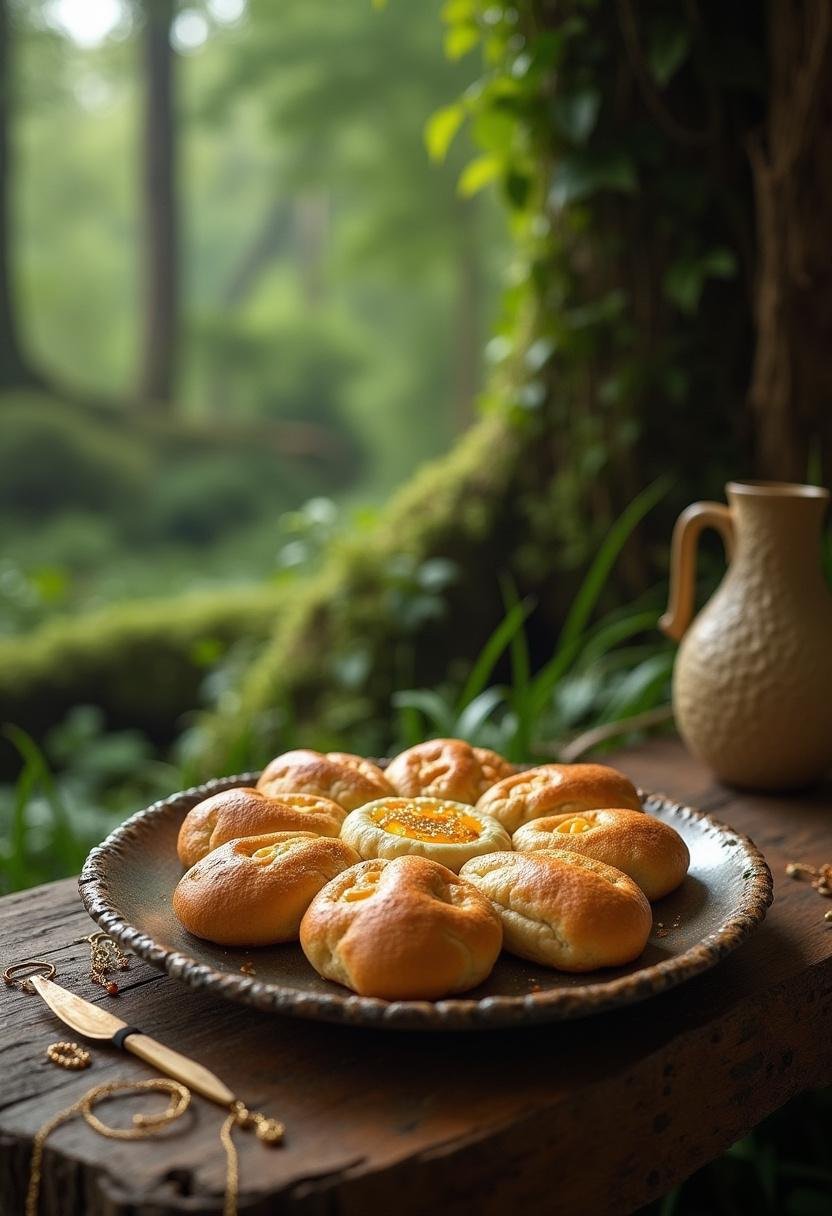 The Lord of the Rings Rivendell Elven Lembas Bread served on a rustic table in Rivendell's enchanted forest, showcasing the magical elven delicacy.