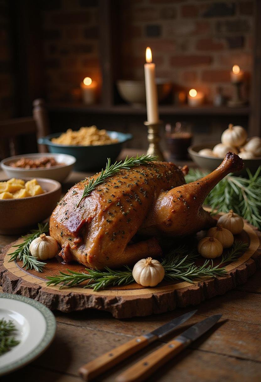 The Lord of the Rings Rohan Rider's Roast Lamb plated beautifully in a medieval-style setting, detailed and realistic, showcasing a hearty lamb dish from Middle-earth.