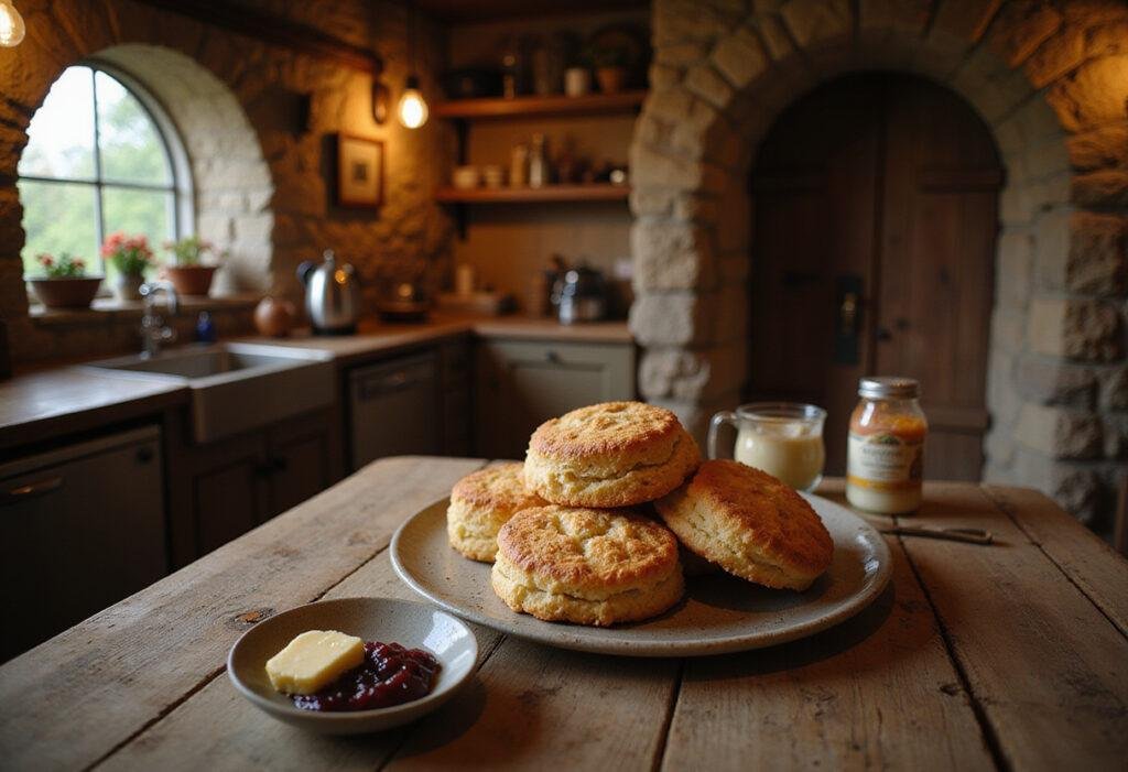 The Lord of the Rings Second Breakfast Scones served in a hobbit-inspired kitchen setting, featuring warm baked scones with butter and jam.