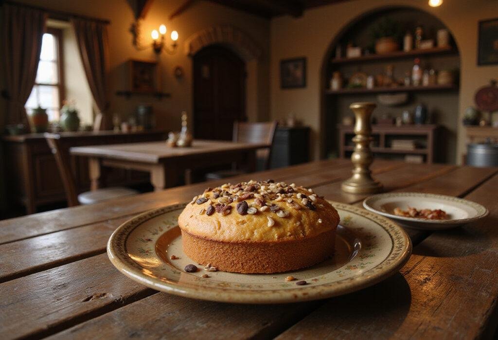 The Lord of the Rings seed cake on a rustic table in Bag End, styled like Bilbo Baggins' cozy kitchen from The Lord of the Rings.