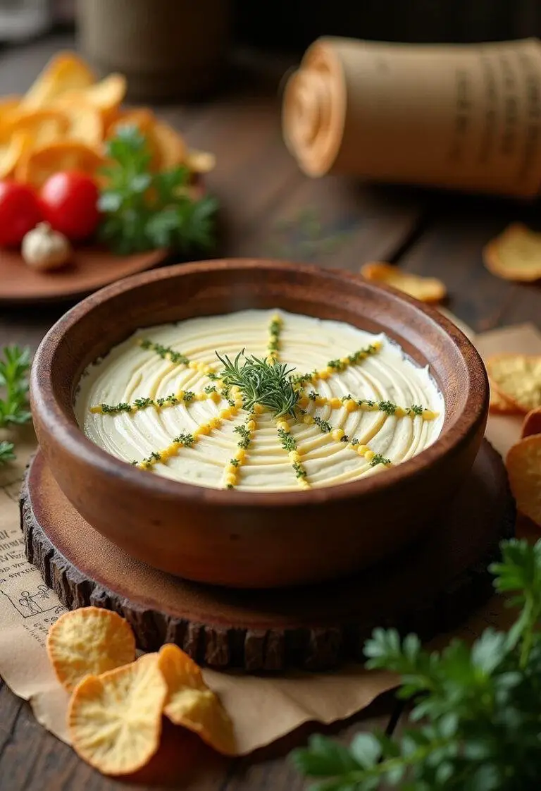 The Lord of the Rings Shelob's Lair Spiderweb Dip served in a rustic setting, featuring a creamy web-patterned dip with herbs and crunchy sides, inspired by Middle-earth.