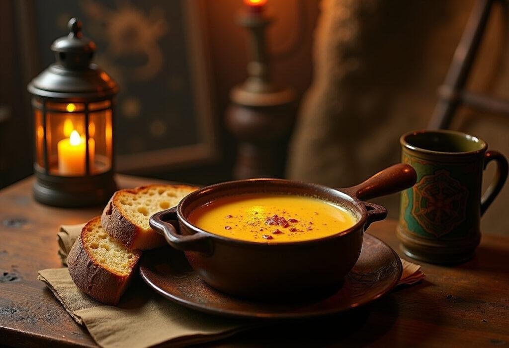 The Green Dragon Inn cheese soup in a rustic setting inspired by Lord of the Rings, served in a bowl with bread, cozy and inviting atmosphere