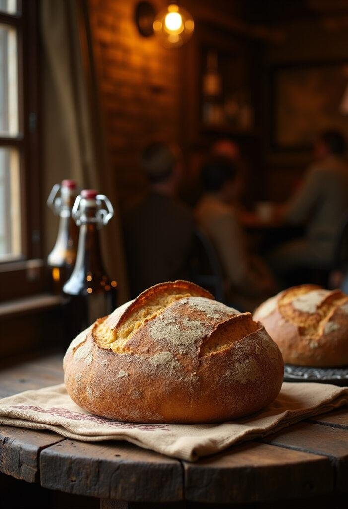 The Lord of the Rings The Prancing Pony beer bread loaf on a rustic table, emphasizing homemade bread quality and cozy medieval tavern setting.