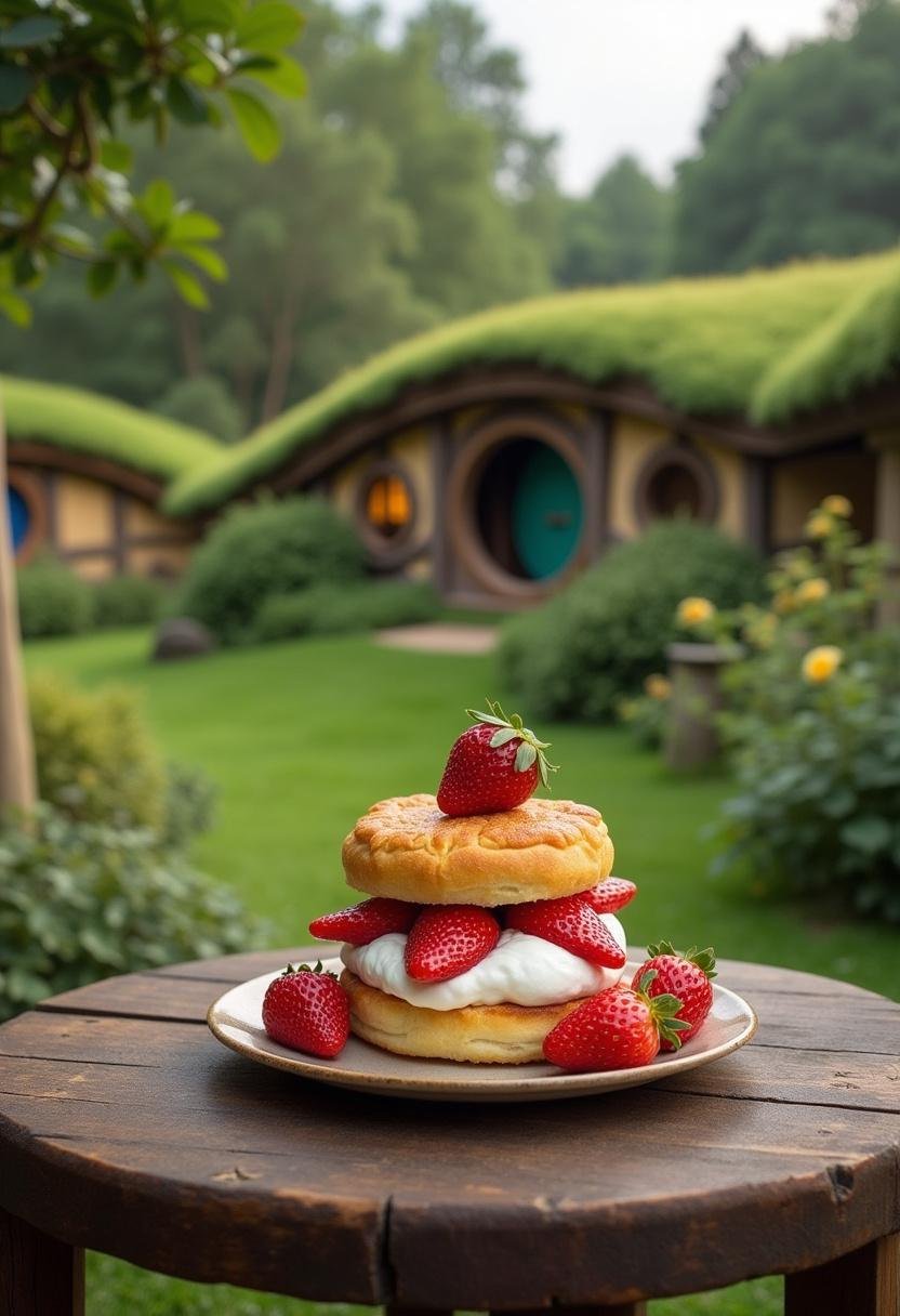 The Lord of the Rings The Shire strawberry shortcake served in a Hobbit setting with strawberries and whipped cream on rustic table