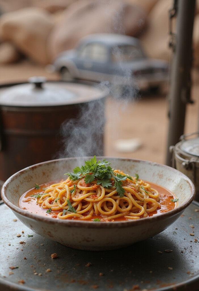 The Mandalorian Cara Dune's Spicy Noodles served in a bowl with chili oil and herbs, set in a Mandalorian-inspired scene for an authentic look.
