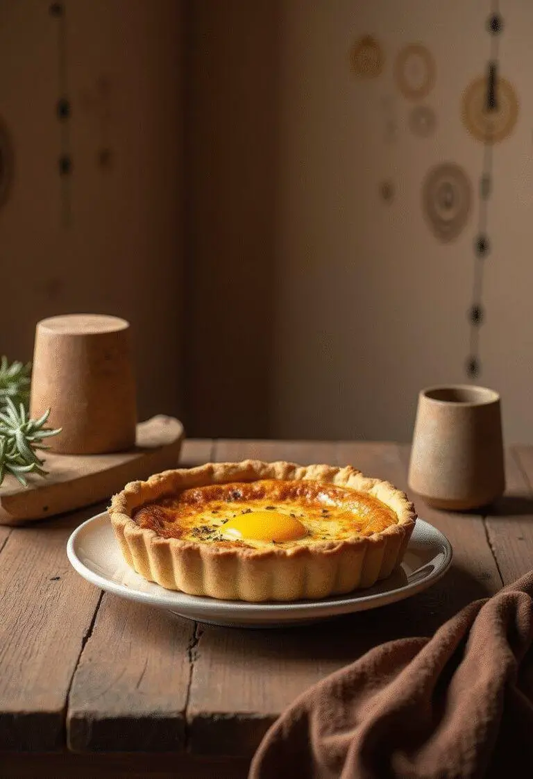 The Mandalorian Din Djarin's This is the Way Mudhorn Egg Quiche plated on a rustic table with desert-themed décor, inspired by Star Wars universe.