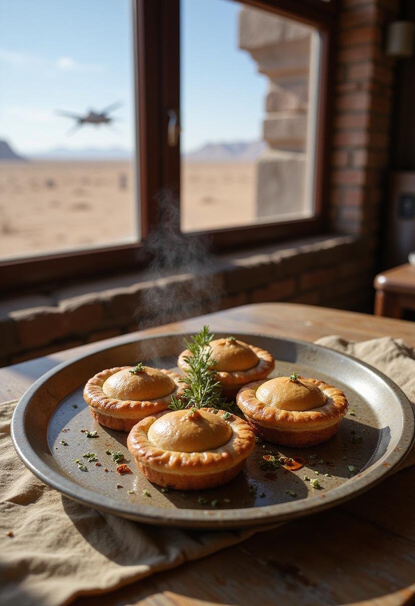 The Mandalorian Greef Karga's High Magistrate Meat Pies served in a spaceport setting from Star Wars, showcasing golden baked meat pies with garnish.