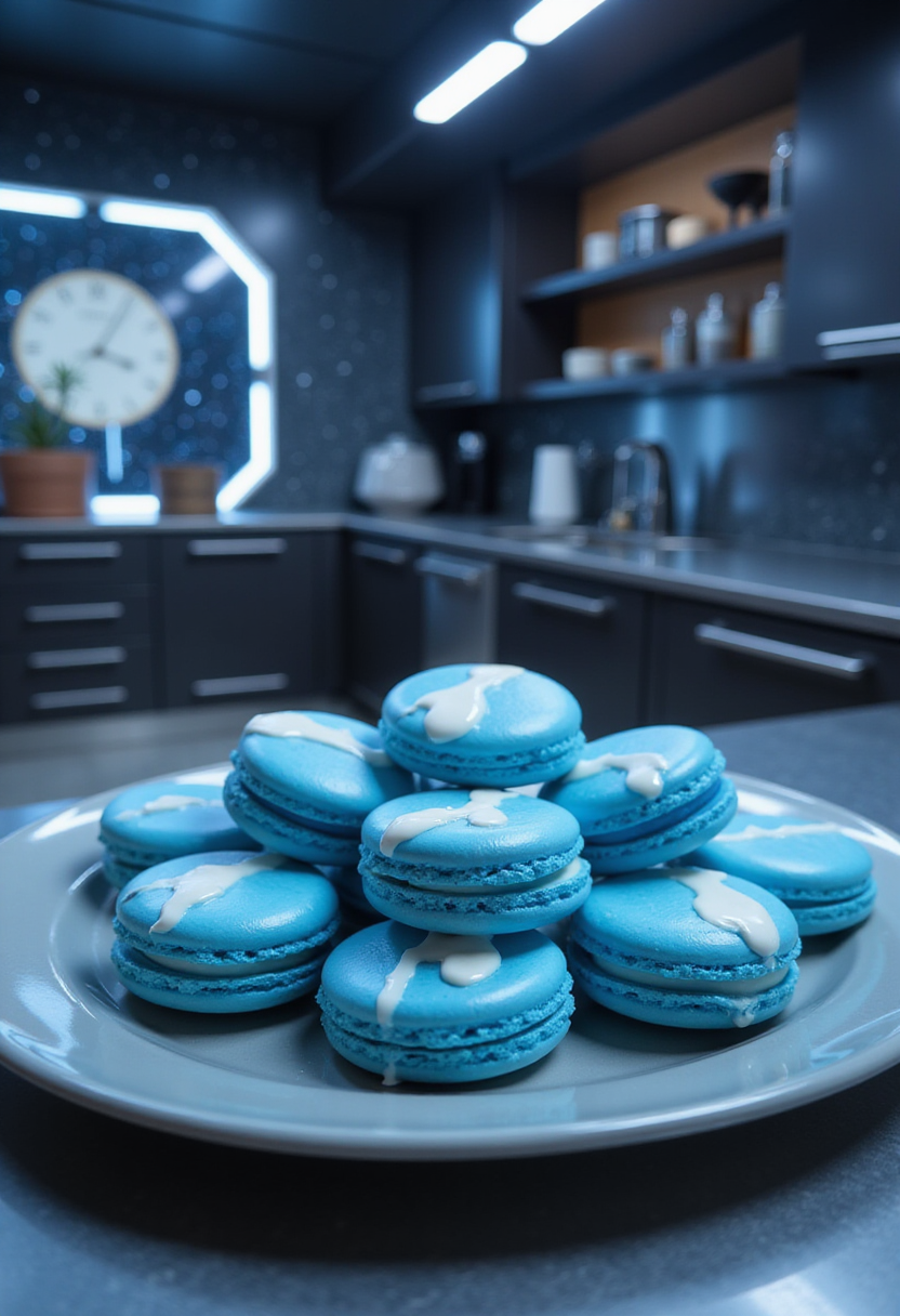 The Mandalorian Grogu's Blue Milk Macarons in a sci-fi kitchen setting, showcasing vibrant blue and white French macarons inspired by Star Wars in a realistic scene.