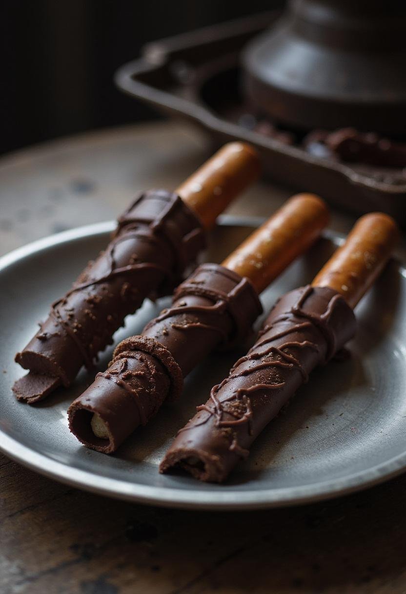 The Mandalorian Moff Gideon's Darksaber Chocolate Pretzels arranged on a sci-fi themed tray, realistic and detailed for fans of The Mandalorian.