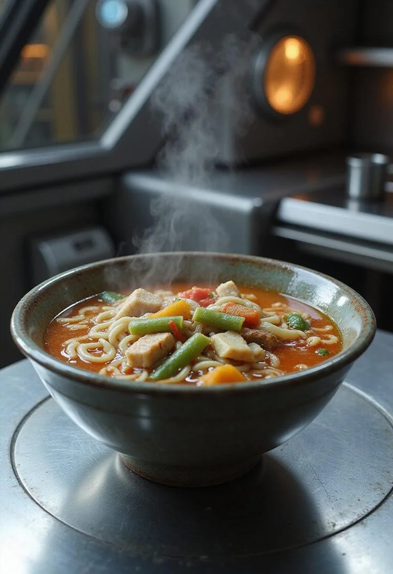 The Mandalorian Nevarro Noodle Soup served in a sci-fi spaceship kitchen with metallic surroundings and colorful noodles in a ceramic bowl.