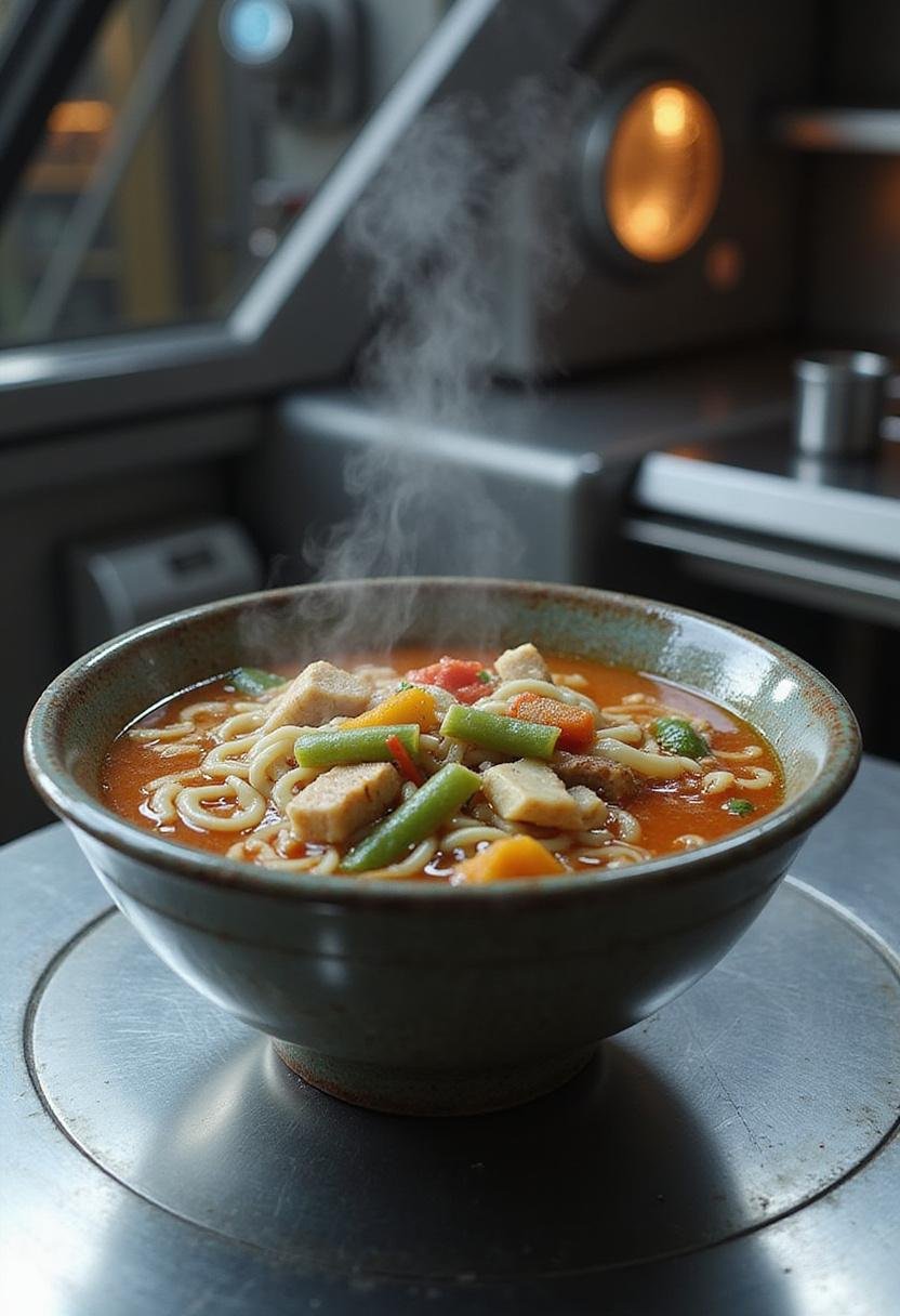 The Mandalorian Nevarro Noodle Soup served in a sci-fi spaceship kitchen with metallic surroundings and colorful noodles in a ceramic bowl.
