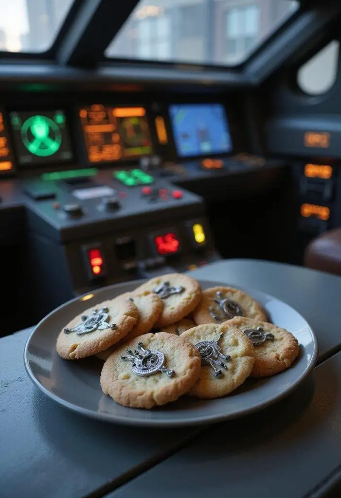 The Mandalorian Razor Crest Cockpit Cookies on a spaceship dashboard with detailed decorations and futuristic control panels