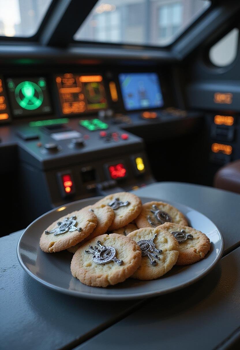 The Mandalorian Razor Crest Cockpit Cookies on a spaceship dashboard with detailed decorations and futuristic control panels