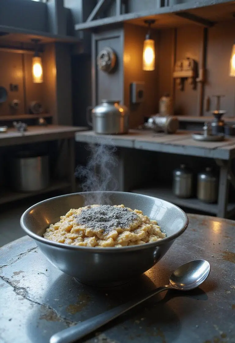 The Mandalorian The Armorer's Beskar Steel-Cut Oats in a sci-fi setting with metallic and futuristic elements, inspired by Star Wars.