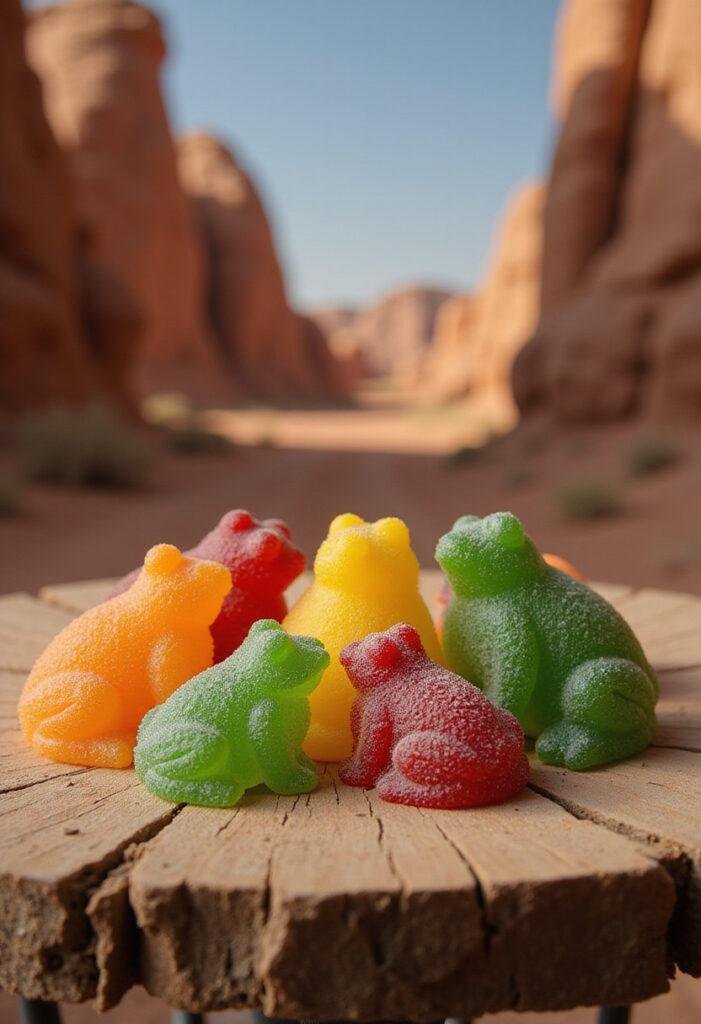 The Mandalorian The Child's Frog-Shaped Gummies on a rustic table in a desert-themed setting, highlighting colorful, fun candy inspired by the popular show.