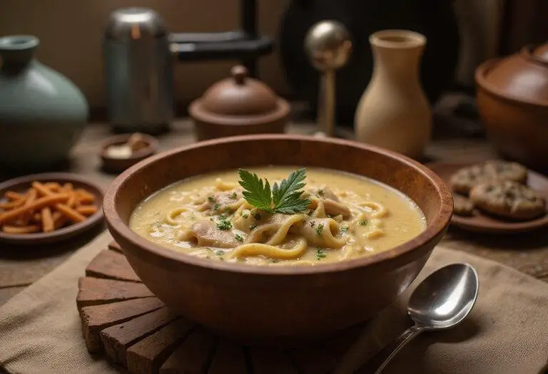 Baby Yoda Bone Broth chicken noodle soup from The Mandalorian in a rustic bowl, featuring fresh herbs in a sci-fi themed kitchen scene.