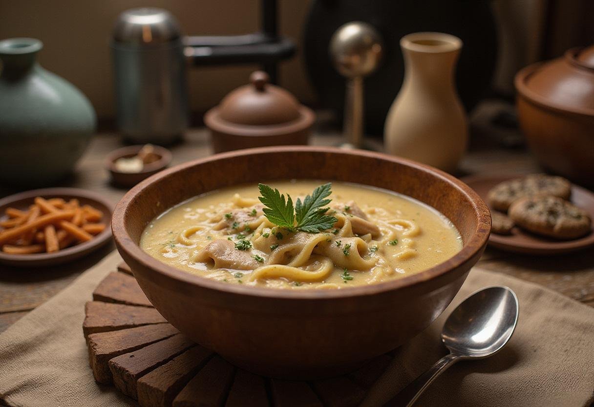 Baby Yoda Bone Broth chicken noodle soup from The Mandalorian in a rustic bowl, featuring fresh herbs in a sci-fi themed kitchen scene.