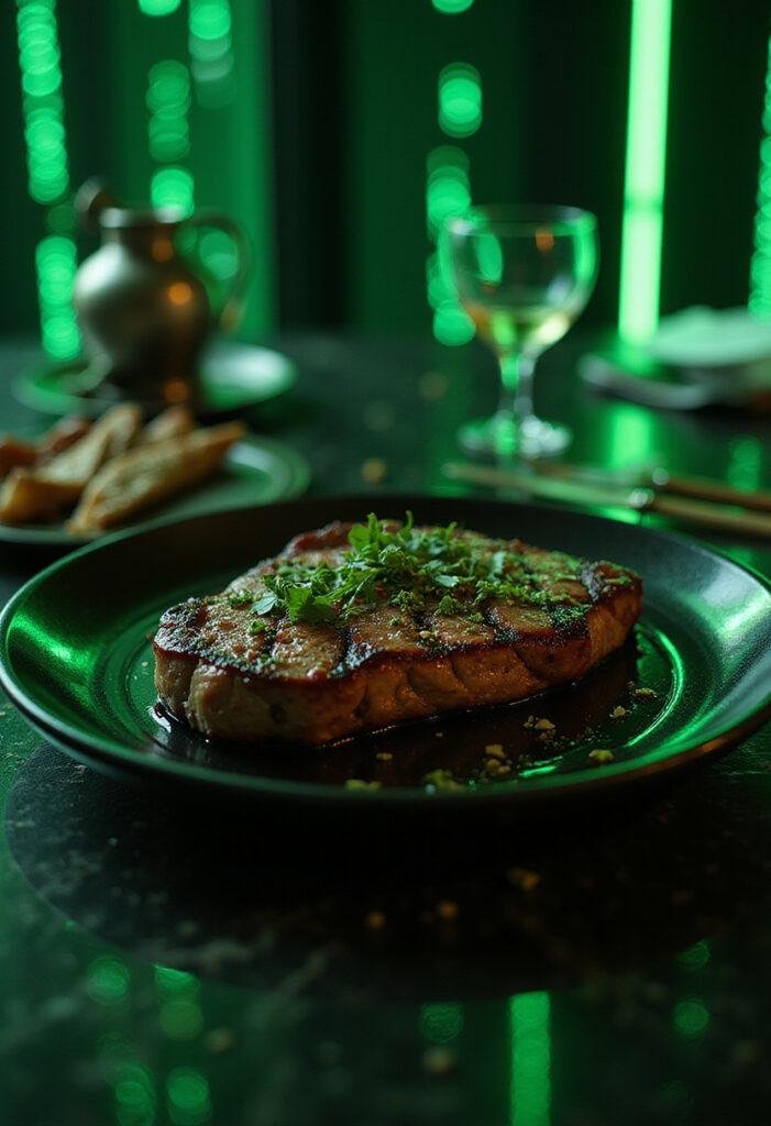 The Matrix Agent Smith's Mr. Anderson Steak plated in a dark, high-tech setting with neon accents, showcasing a juicy, perfectly seared steak in a cyberpunk theme.