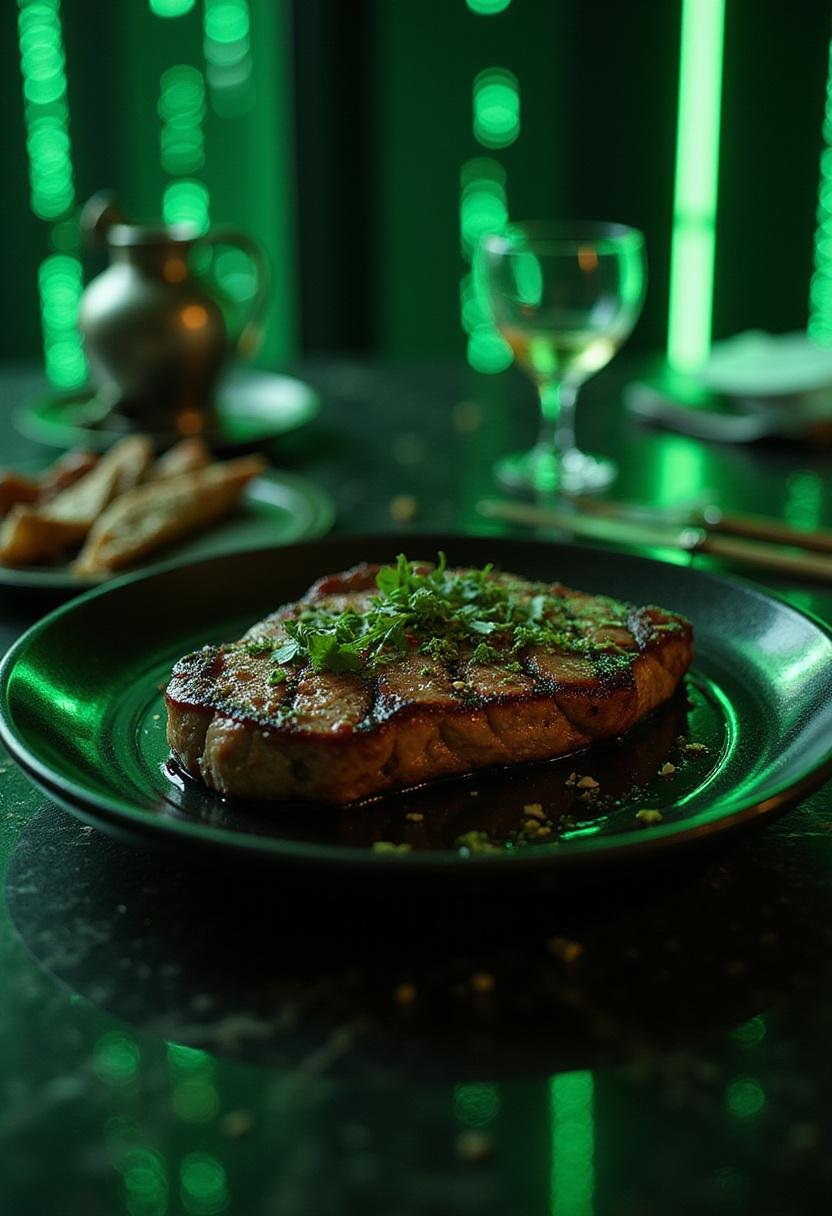 The Matrix Agent Smith's Mr. Anderson Steak plated in a dark, high-tech setting with neon accents, showcasing a juicy, perfectly seared steak in a cyberpunk theme.