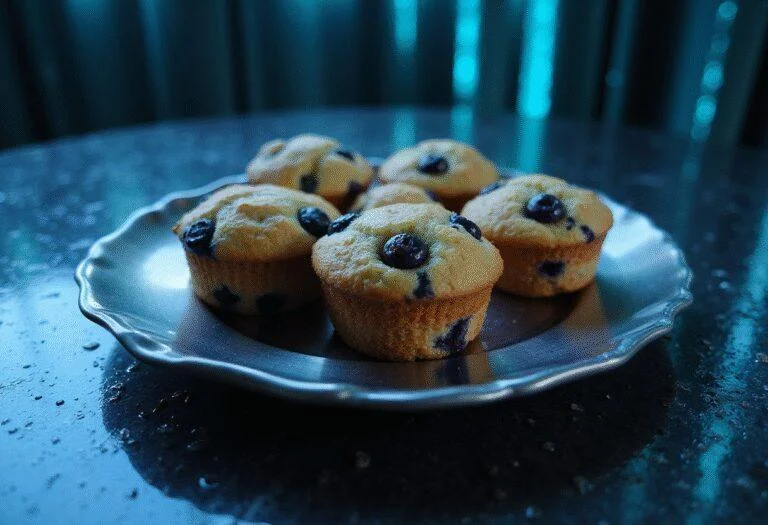 The Matrix Blue Pill Blueberry Muffins arranged on a metallic plate in a dark, futuristic setting with blue glowing accents, inspired by The Matrix.