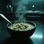 The Matrix Morpheus's Welcome to the Real World Gruel oatmeal served in a futuristic kitchen setting with cyberpunk elements.