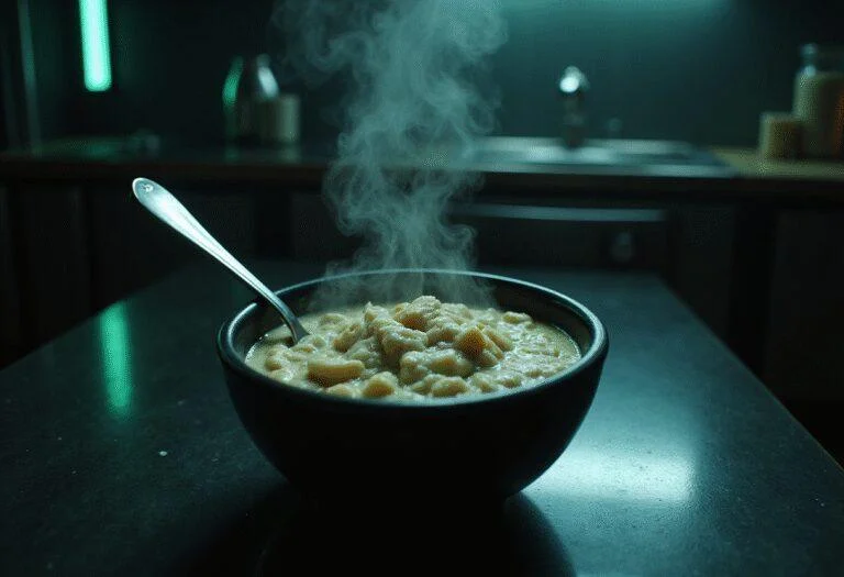 The Matrix Morpheus's Welcome to the Real World Gruel oatmeal served in a futuristic kitchen setting with cyberpunk elements.