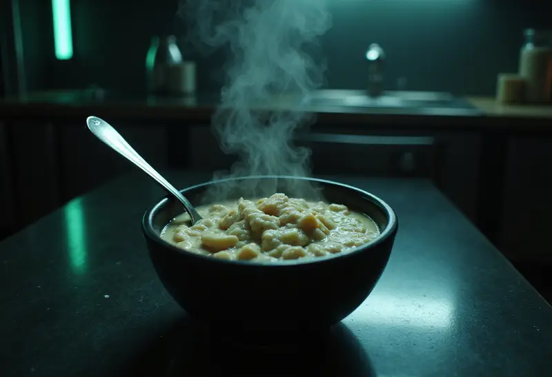 The Matrix Morpheus's Welcome to the Real World Gruel oatmeal served in a futuristic kitchen setting with cyberpunk elements.