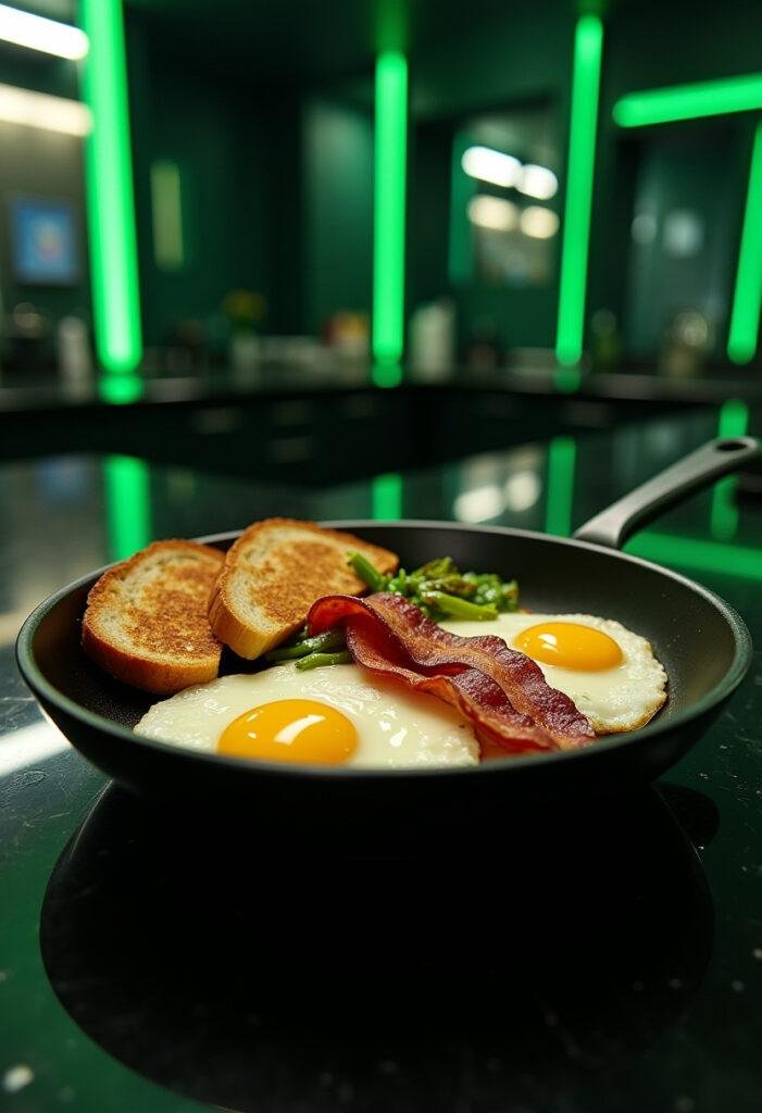 The Matrix Neo's The One One-Pan Breakfast served on a futuristic black and green dish in a sci-fi themed kitchen setting, capturing the essence of The Matrix.