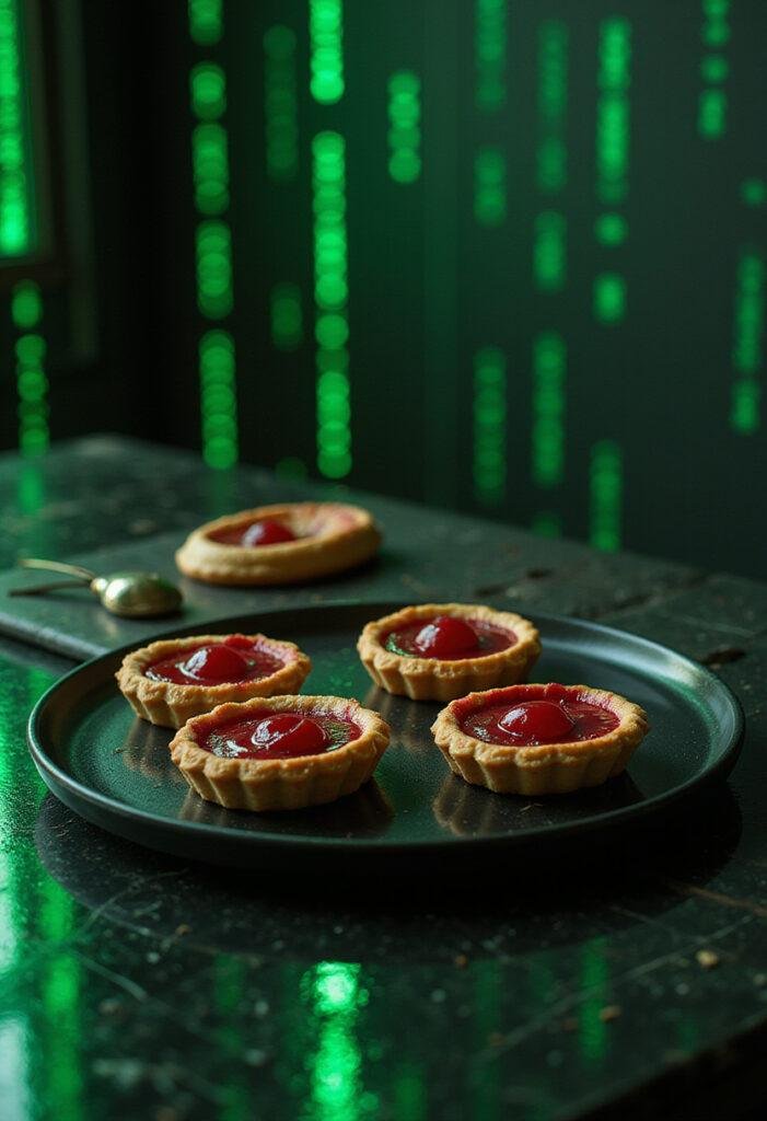 The Matrix Red Pill Cherry Tarts: a futuristic-themed cherry pastry dessert set in The Matrix-inspired scene