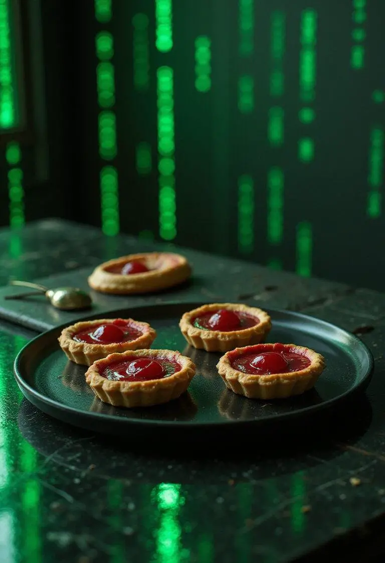 The Matrix Red Pill Cherry Tarts: a futuristic-themed cherry pastry dessert set in The Matrix-inspired scene